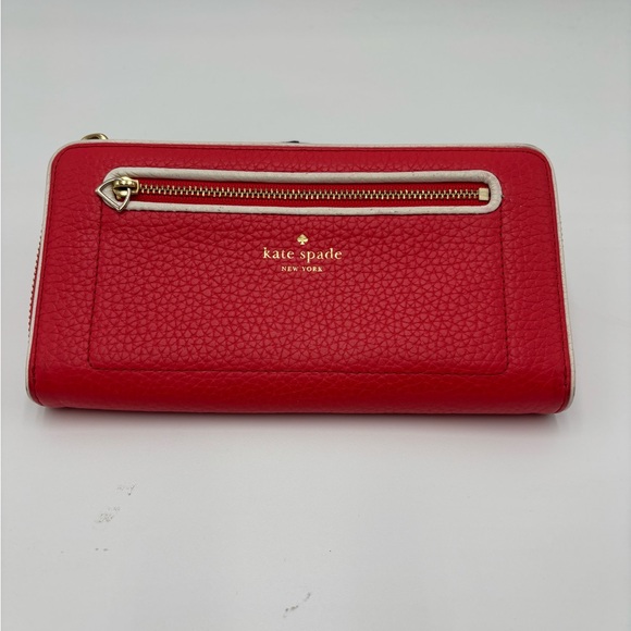 Kate Spade New York Red Pebbled Leather Zip Around Wallet Gold Hardware - Picture 2 of 5